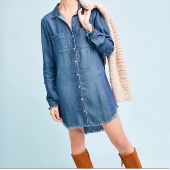 Anthropologie Dresses & Skirts - Cloth & Stone Chambray Montana Shirt Dress Women’s M Blue Long Sleeve Raw Hem